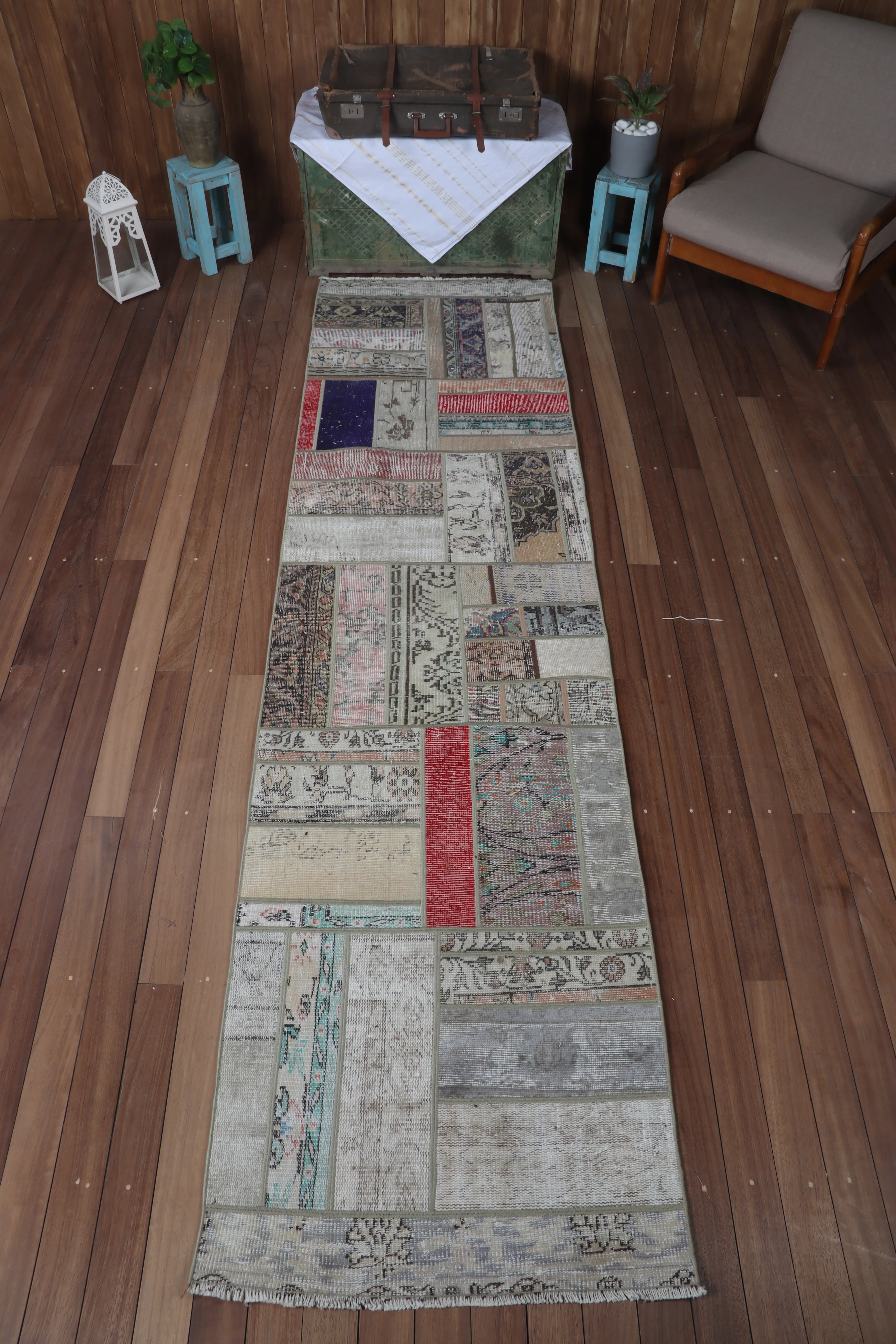 2.8x10.5 ft Vintage Rug, Turkish Small Rug, Beige Rainbow Floral Rug - 1