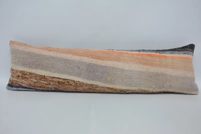 Handmade Hemp & Wool Striped Throw Pillow, Vintage Embroidered Pillow