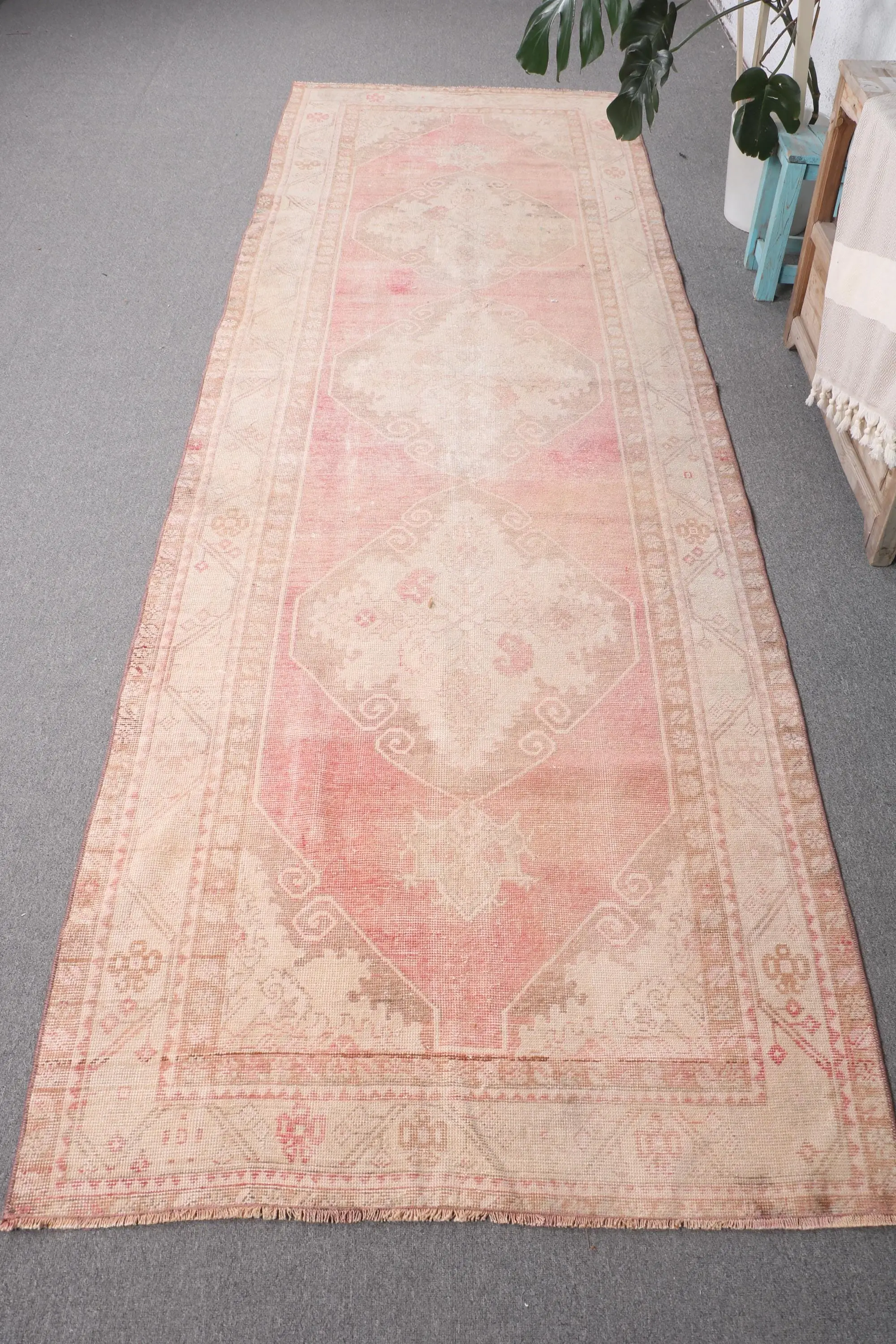 Vintage Runner Rug 3.5x11.2 ft (108x342 cm), Pink Floral Turkish Rug - 1