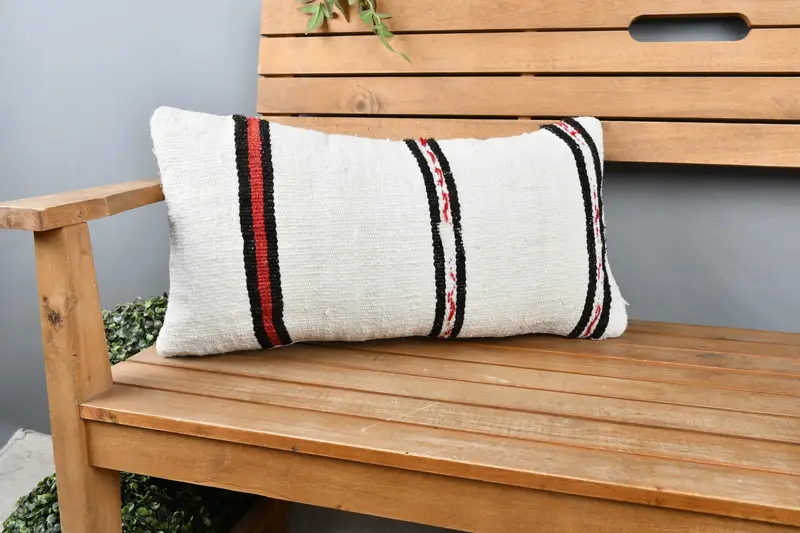 Pillow Cover, Turkish Pillow, Ethnical Kilim Rug Pillow, 12x24 White Cushion, Boho Pillow Sham Cover, Art Deco Pillow Case, Kilim Rug Pillow Cover - 1