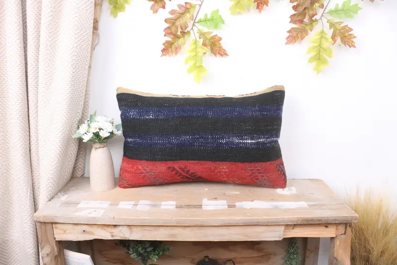 Aesthetic Pillow Cover, Cushion Case, Vintage Kilim Pillow, Bright Pillow Case, 12x20 Blue Pillow Cover, Throw Kilim Pillow, Turkish Kilim Pillow - 1