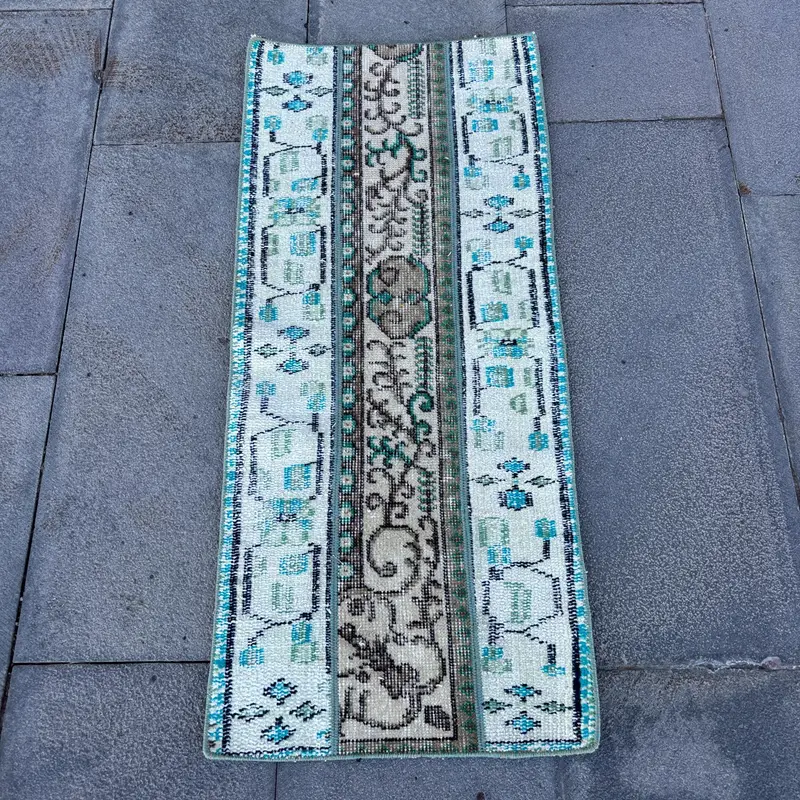 Vintage Türk Halısı, 1.4x3.2 ft Oushak Halı, Mavi Beyaz Oryantal Yün Halı - 1
