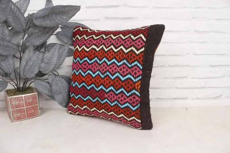 Square Throw Pillow, Kilim Cushion Sham, Turkish Kilim Pillow, Turkish Pillow, Pillow Case, 16x16 Red Pillow Cover, Decorative Bolster Cushion Case - 4