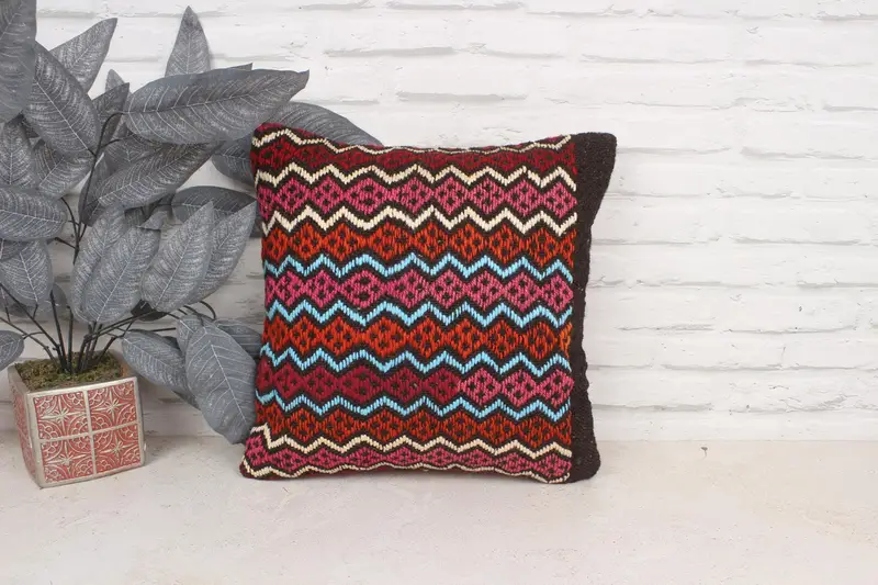 Square Throw Pillow, Kilim Cushion Sham, Turkish Kilim Pillow, Turkish Pillow, Pillow Case, 16x16 Red Pillow Cover, Decorative Bolster Cushion Case - 1
