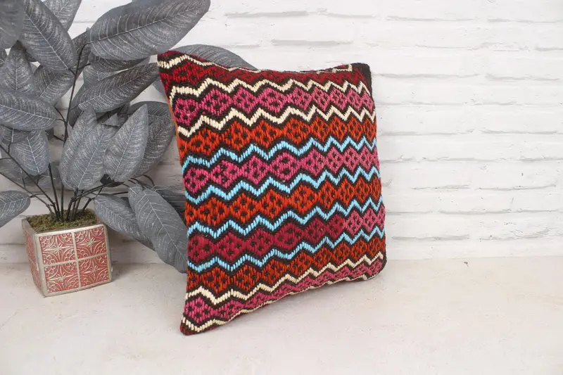 Square Throw Pillow, Kilim Cushion Sham, Turkish Kilim Pillow, Turkish Pillow, Pillow Case, 16x16 Red Pillow Cover, Decorative Bolster Cushion Case - 3