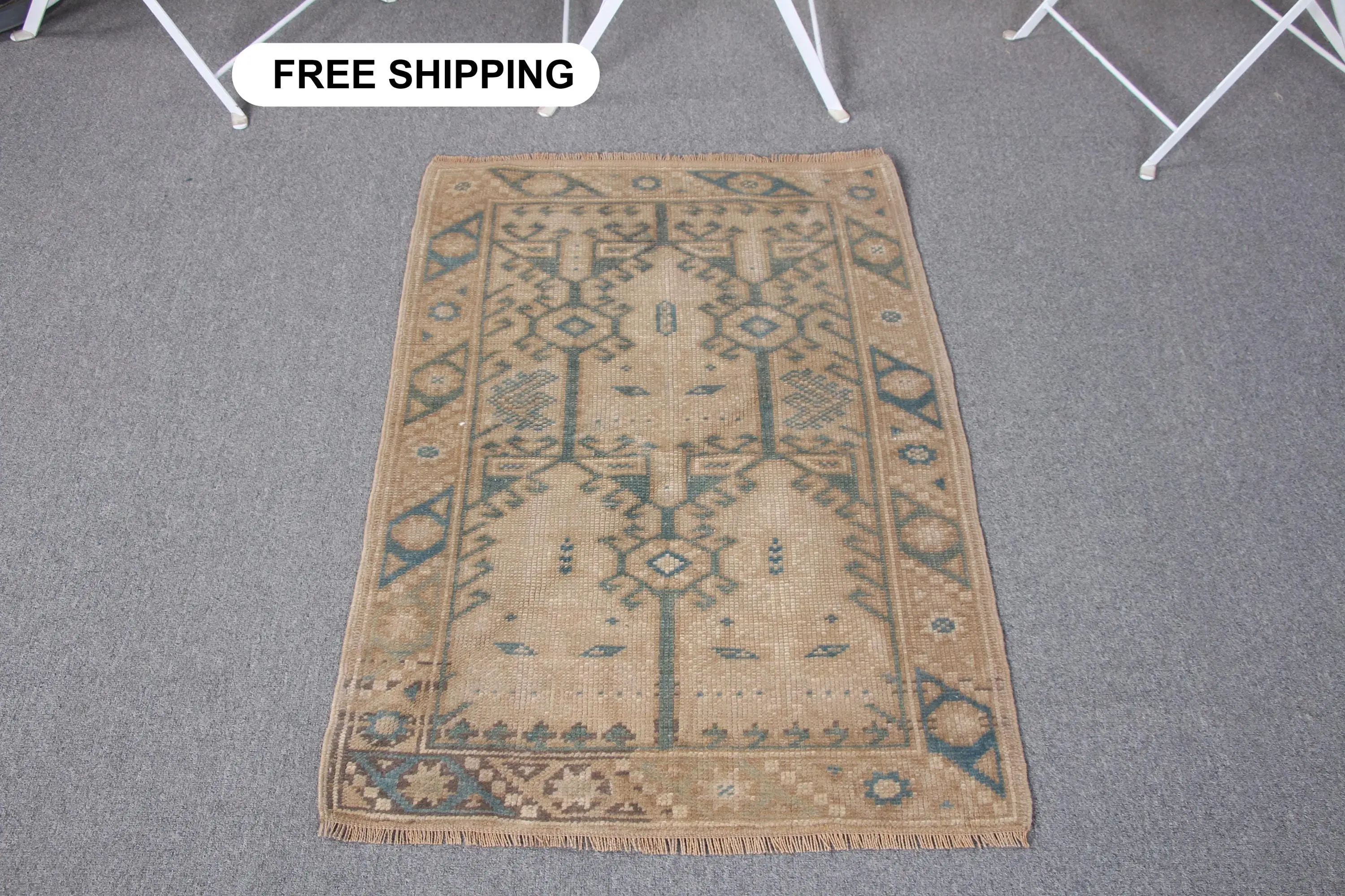 2.2x3.2 ft Turkish Rug, Vintage Small Rug, Brown Blue Oriental Wool Rug - 1