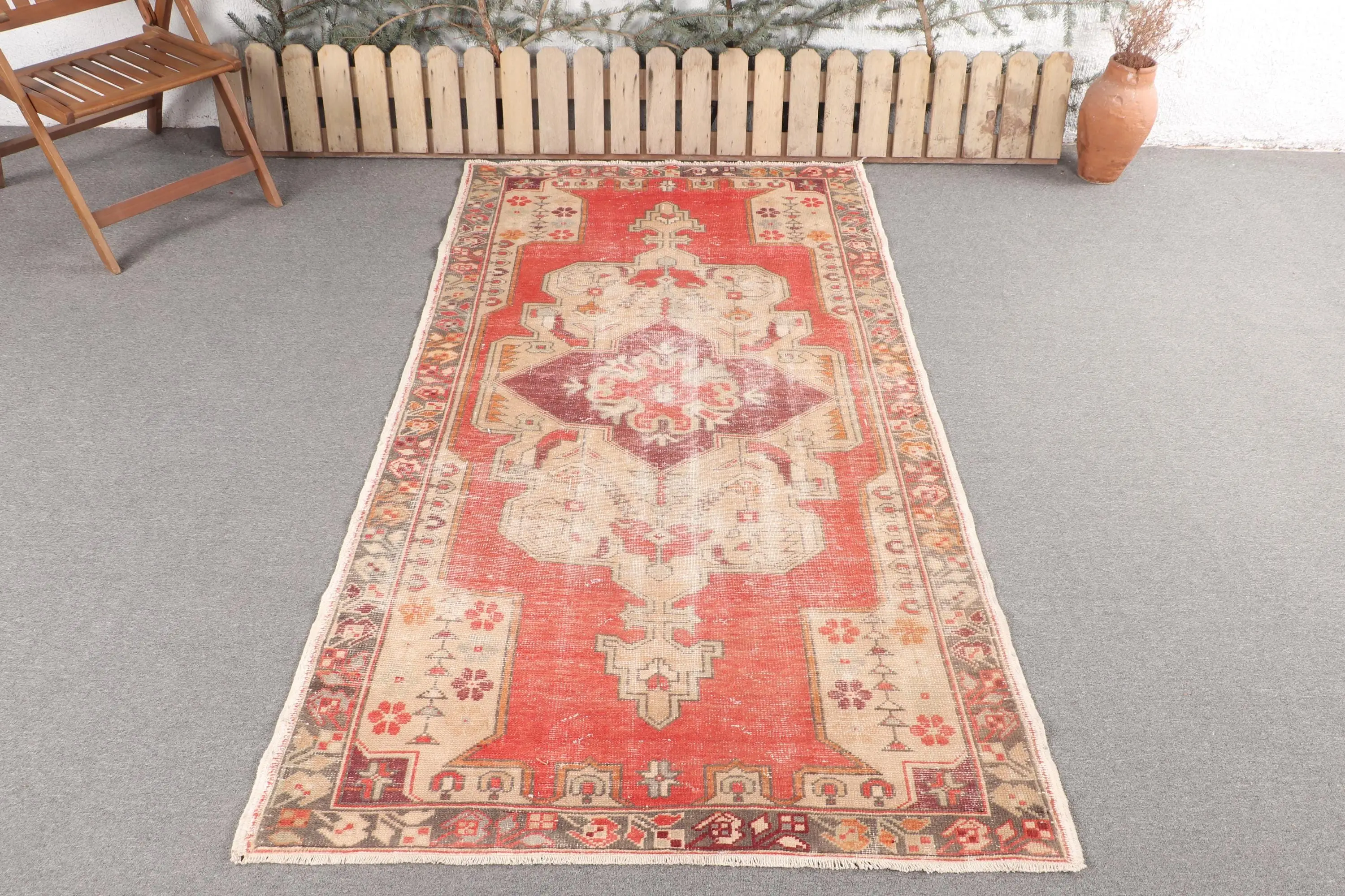 Vintage Turkish Area Rug 4.2x7.7 ft, Red White Floral Rug - 1