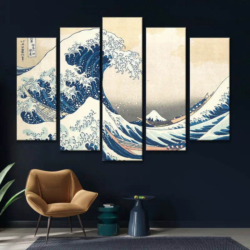 Lienzo de Hokusai, la ola de la decoración del lienzo de Kanagawa, el lienzo de arte de la pared, el estampado del lienzo del mar áspero, la decoración de la pared de las olas, la pintura del lienzo del mar, el arte de las olas - 6