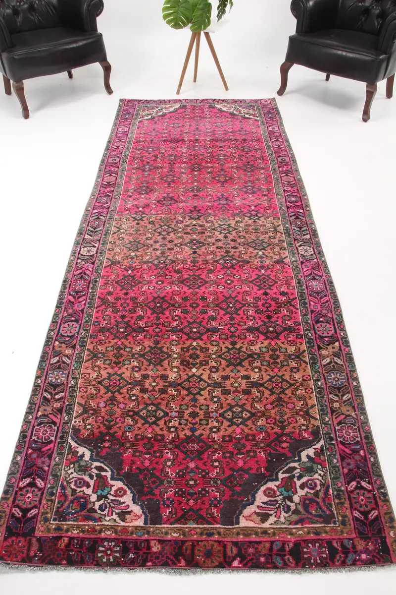 Turkish 3.6x10.2 ft Rug, Runner Vintage Rug, Red Oriental Wool Rug - 1
