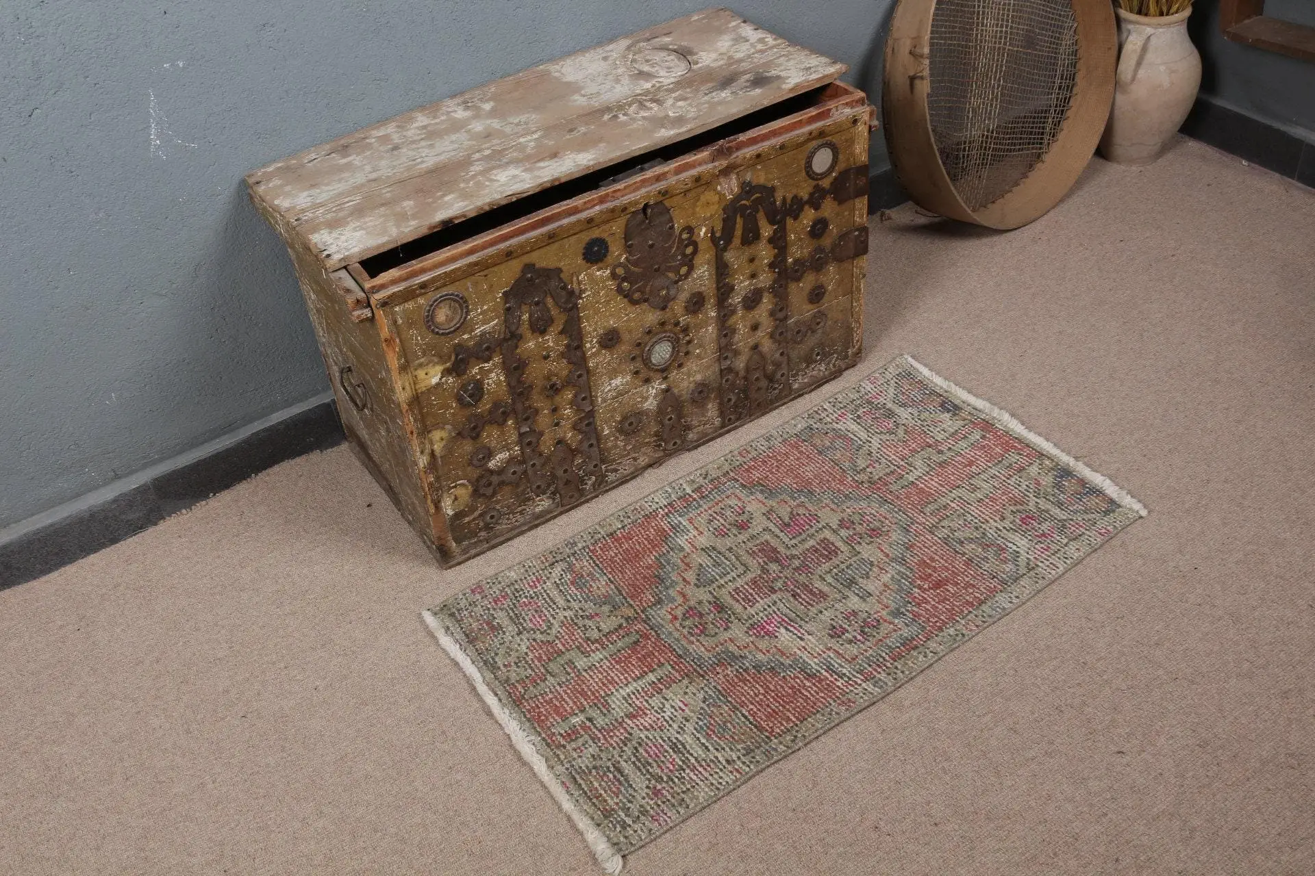 1.7x3 ft Rug, Turkish Vintage Rug, Red Blue Check Wool Rug - 1