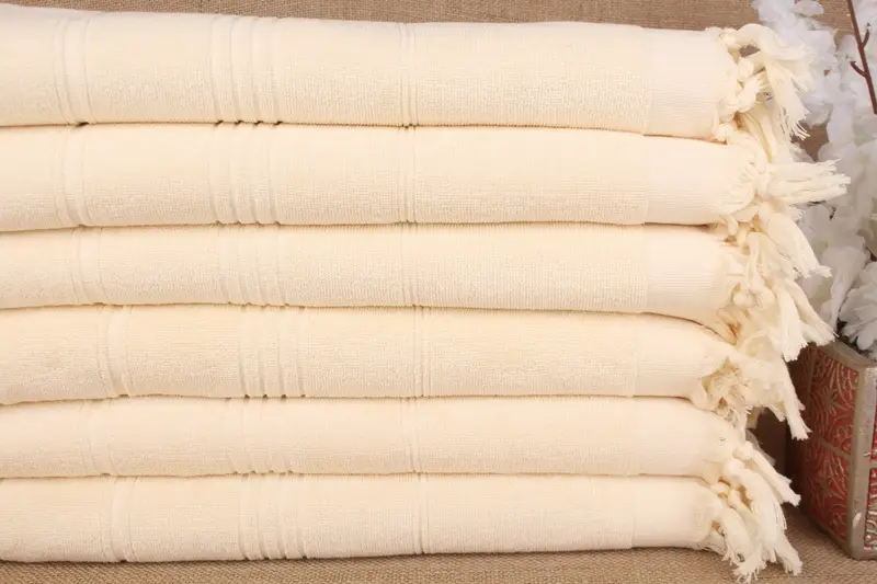 ナチュラルコットンストライプテリービーチタオル ベージュ、36x71インチ