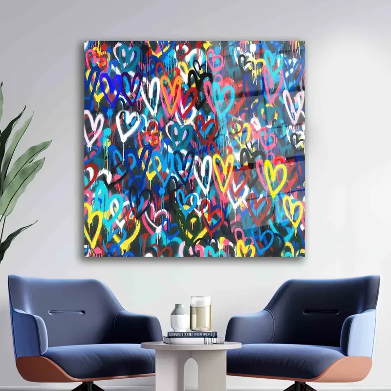 Elegant Printed Glass: Banksy Colorful Hearts Design