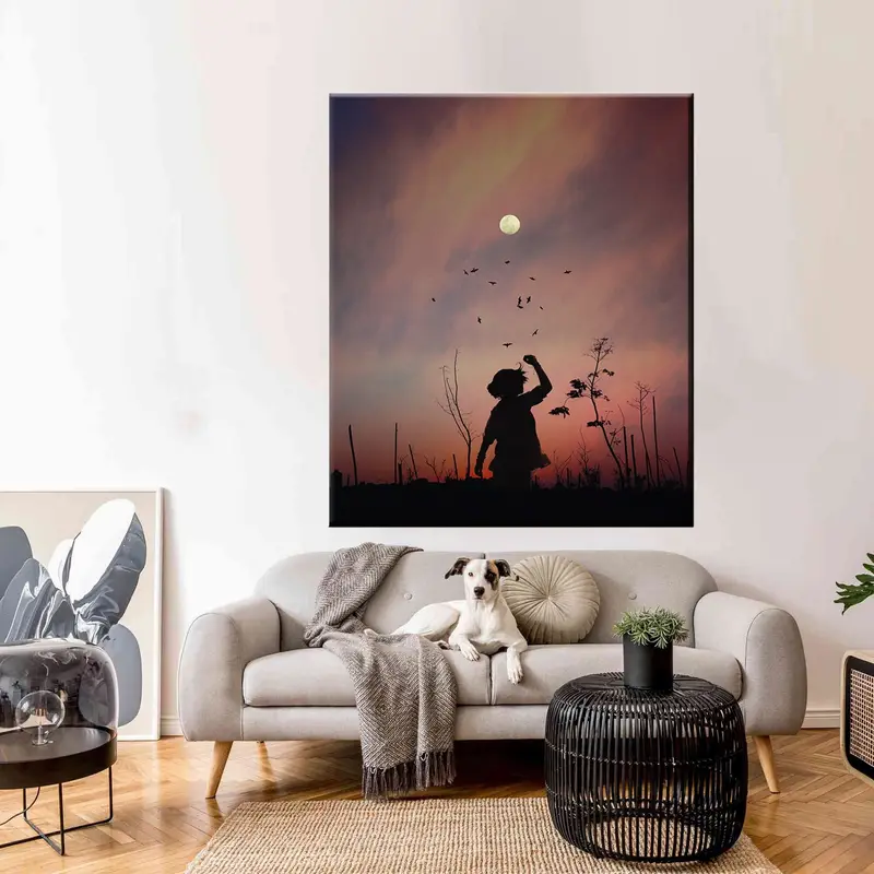 Silhouette Girl Wall Art, Sunset Canvas Decor, Playing the Girl On Grass, Wall Art Canvas, Happy Girl Art, Singer Girl Wall Art, Canvas Art - 1