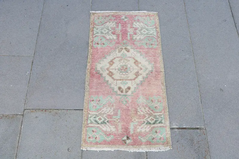 Alfombra turca vintage Oushak de 1,4x2,7 pies, alfombra roja de lana a cuadros pequeños - 1