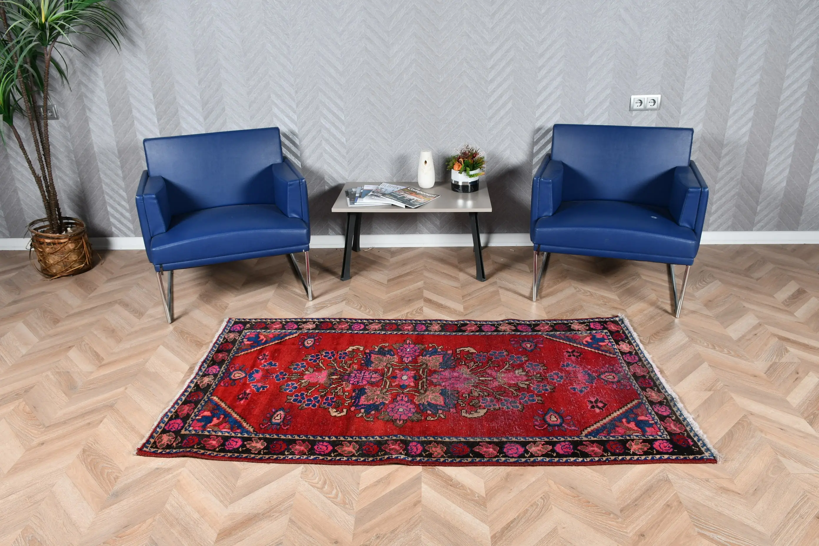 3.2x6 ft Vintage Accent Halı, Kırmızı Mavi Türk Çizgili Yün Halı - 1