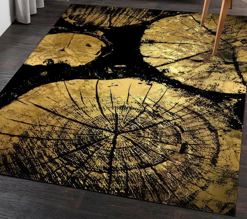 エレガントなプリントラグ: ゴールド&ブラックウッドクラックデザイン