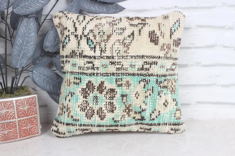 Pillow Case, Turkish Kilim Pillow, Handmade Pillow, Pillow for Sofa, Vintage Kilim Throw Pillow, Bench Cushion, 12x12 Beige Pillow Case - 1