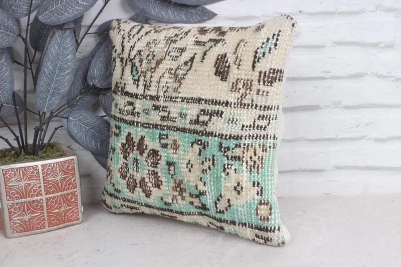 Pillow Case, Turkish Kilim Pillow, Handmade Pillow, Pillow for Sofa, Vintage Kilim Throw Pillow, Bench Cushion, 12x12 Beige Pillow Case - 3