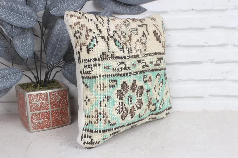 Pillow Case, Turkish Kilim Pillow, Handmade Pillow, Pillow for Sofa, Vintage Kilim Throw Pillow, Bench Cushion, 12x12 Beige Pillow Case - 4