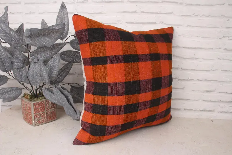 Pillow for Couch, Decorative Bolster Pillow Cover, 20x20 Orange Cushion Cover, Vintage Kilim Pillow, Cushion Case, Kilim Pillow Cover - 3