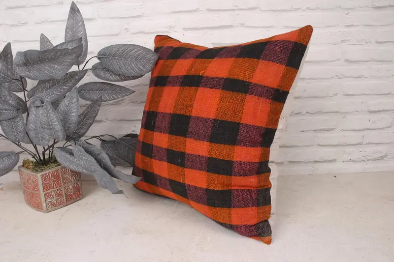 Pillow for Couch, Decorative Bolster Pillow Cover, 20x20 Orange Cushion Cover, Vintage Kilim Pillow, Cushion Case, Kilim Pillow Cover - 4