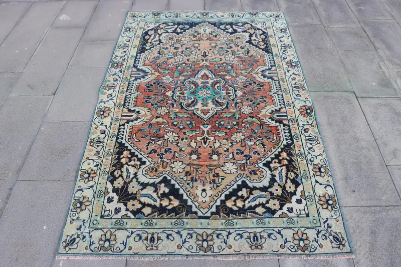 Red Oriental Rug, 4x6 ft with Green Accents
