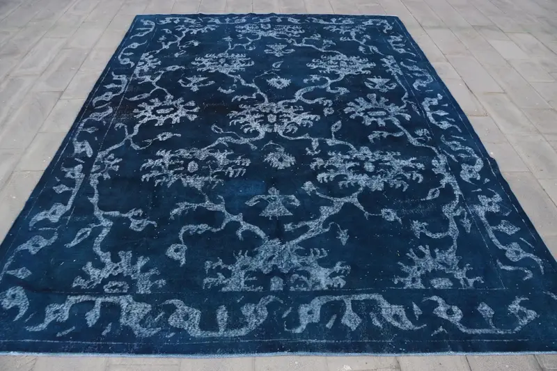 Alfombra vintage de 9,6x12,7 pies, alfombra turca de gran tamaño, alfombra de rayas blancas azules - 1
