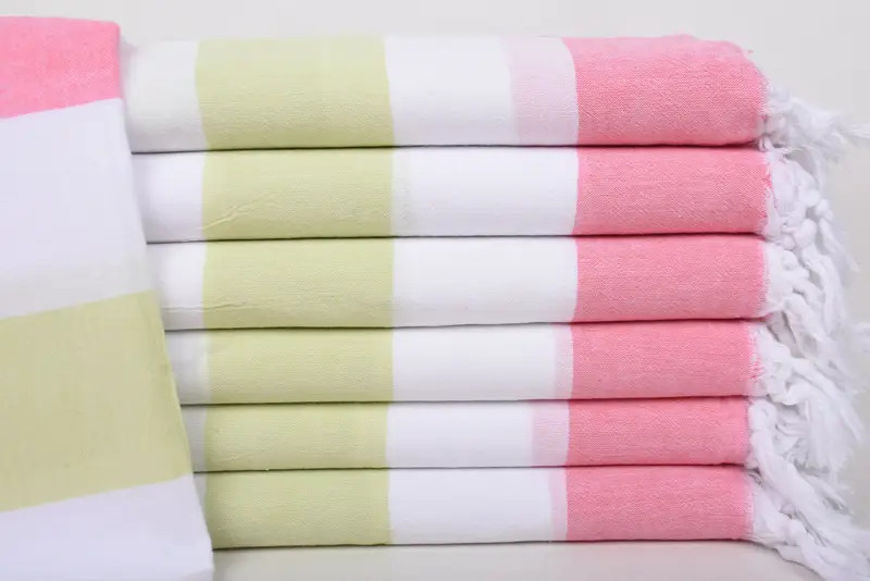 Turkish Beach Towel Handmade Green-Pink Striped, 70x40 Inches