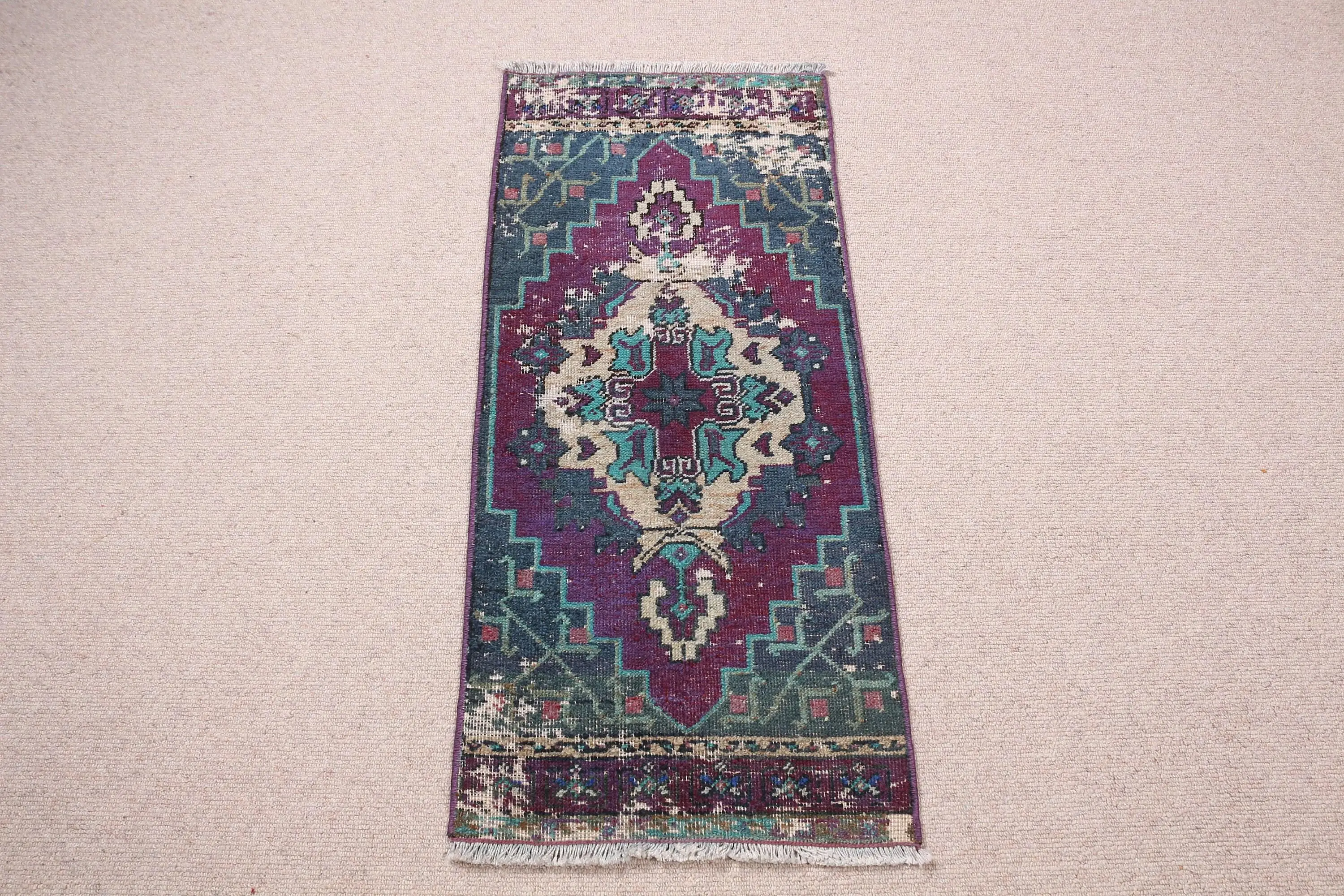 Vintage Turkish Small Rug 1.4x3.1 ft, Blue Bordered Rug Wool - 1