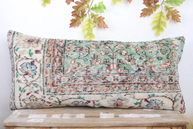Turkish Pillow, Boho Pillow Sham Cover, Handmade Kilim Cushion, Pillow Sham, 16x36 Green Pillow Cover, Cozy Throw Cushion Cover - 2