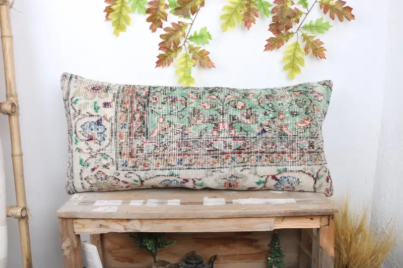 Turkish Pillow, Boho Pillow Sham Cover, Handmade Kilim Cushion, Pillow Sham, 16x36 Green Pillow Cover, Cozy Throw Cushion Cover - 1