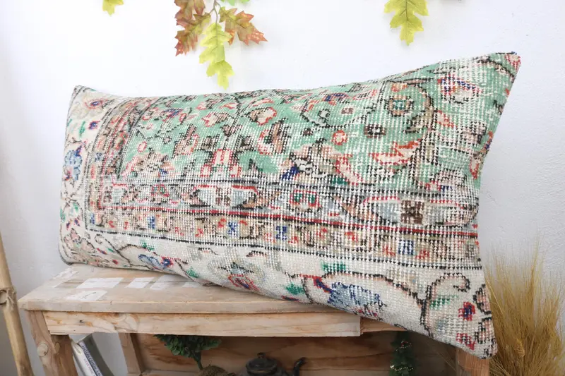 Turkish Pillow, Boho Pillow Sham Cover, Handmade Kilim Cushion, Pillow Sham, 16x36 Green Pillow Cover, Cozy Throw Cushion Cover - 4