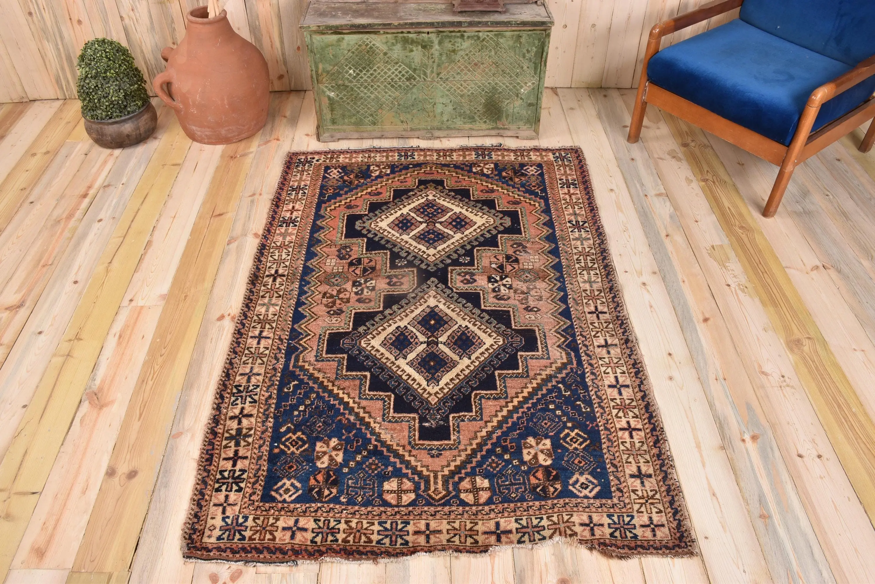 Alfombra de acento turco de 3,9x5,5 pies, alfombra de lana de plantas y árboles vintage azul marrón - 1