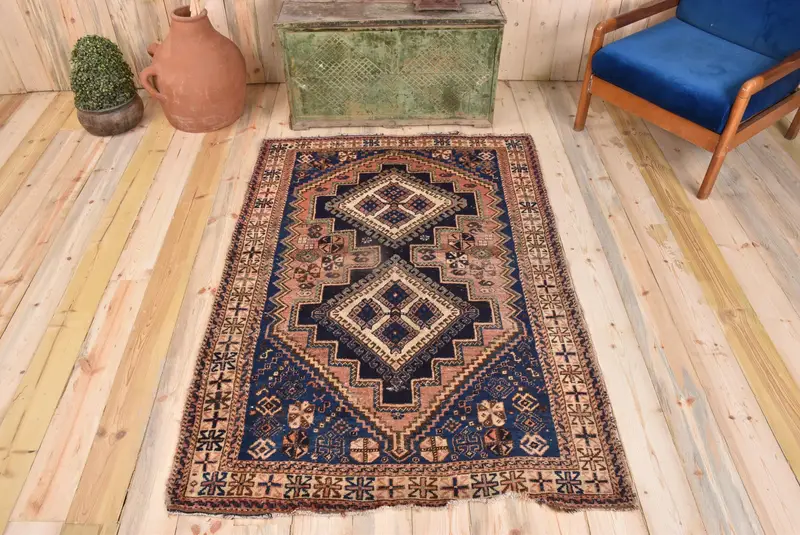 ブルー & オレンジ ラグ、3.9x5.5 フィート ボタニカル デザイン