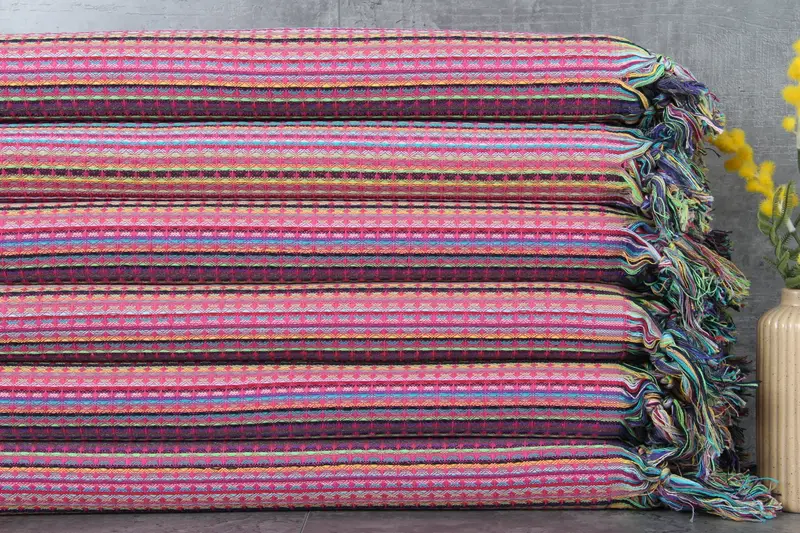 Turkish Beach Towel Waffle Peshtemal, Beige Embroidery, 40x71 Inches