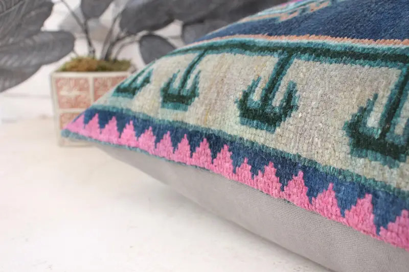 Traditional Cushion Cover, 16x24 Blue Cushion Cover, Vintage Pillow, Pillow Cover, Accent Pillow Case, Pillow for Sofa, Ethnical Kilim Rug Pillow - 7