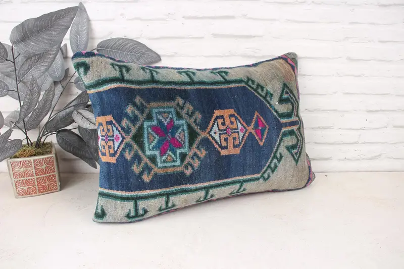 Traditional Cushion Cover, 16x24 Blue Cushion Cover, Vintage Pillow, Pillow Cover, Accent Pillow Case, Pillow for Sofa, Ethnical Kilim Rug Pillow - 3