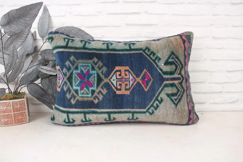 Traditional Cushion Cover, 16x24 Blue Cushion Cover, Vintage Pillow, Pillow Cover, Accent Pillow Case, Pillow for Sofa, Ethnical Kilim Rug Pillow - 1