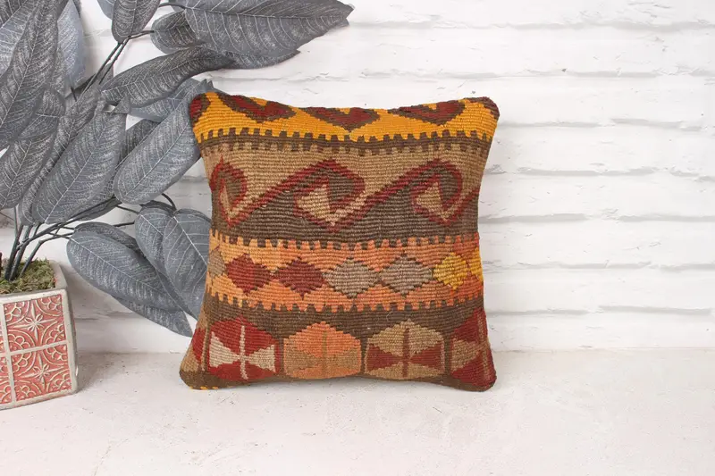 Kilim Pillow, Pillow for Couch, 12x12 Brown Pillow Sham, Accent Throw Cushion Case, Bright Pillow, Antique Pillows, Pet Cushion Cover, Pillow Cover - 1