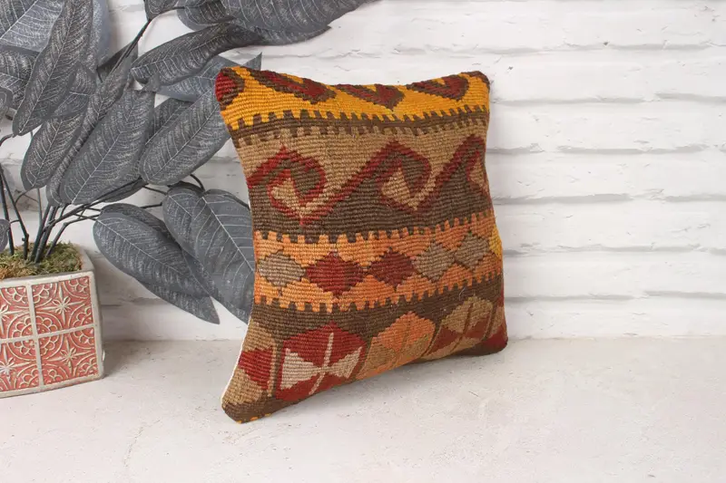 Kilim Pillow, Pillow for Couch, 12x12 Brown Pillow Sham, Accent Throw Cushion Case, Bright Pillow, Antique Pillows, Pet Cushion Cover, Pillow Cover - 3
