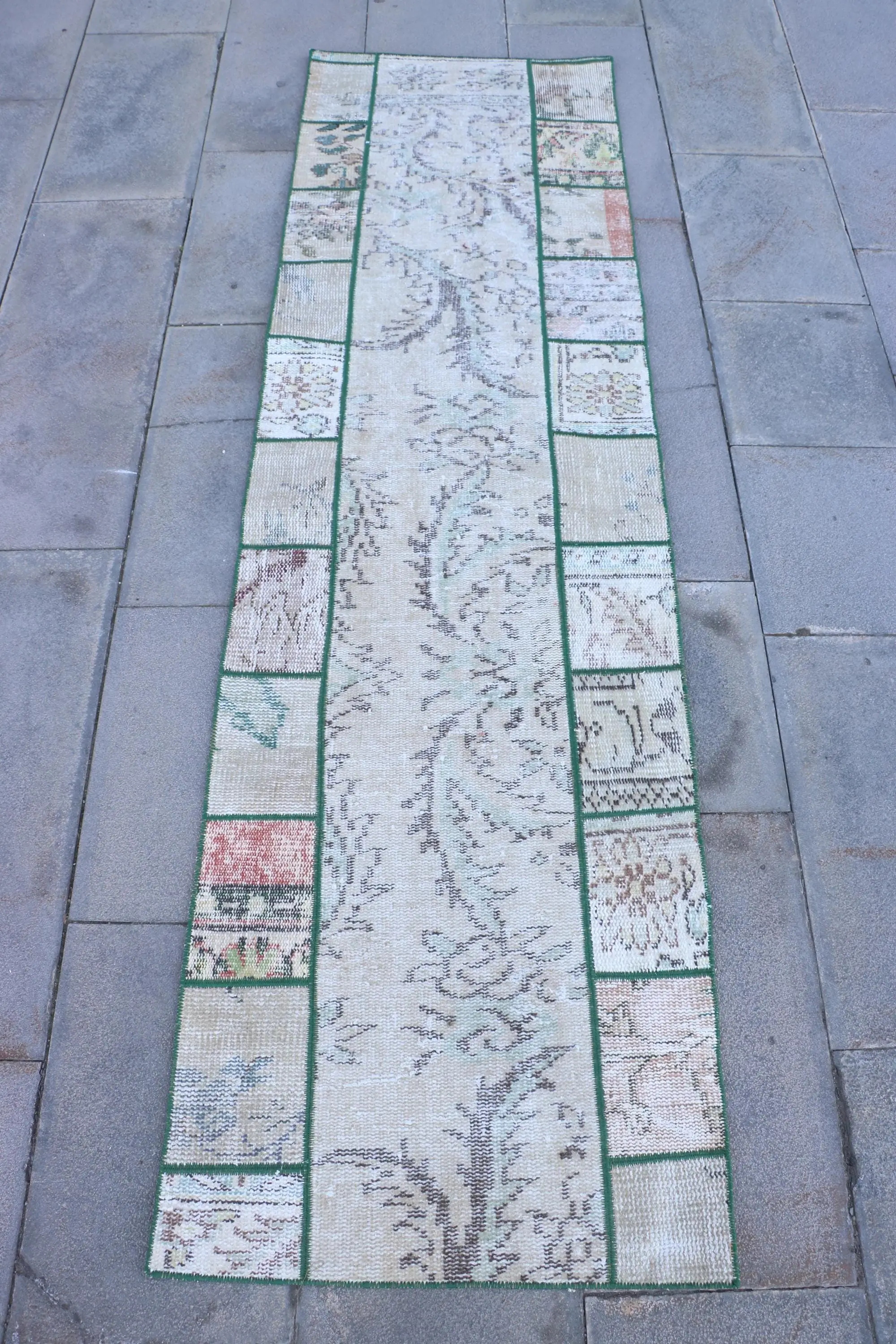 2x7.3 ft Vintage Runner Rug, White Green Turkish Abstract Wool Rug - 1