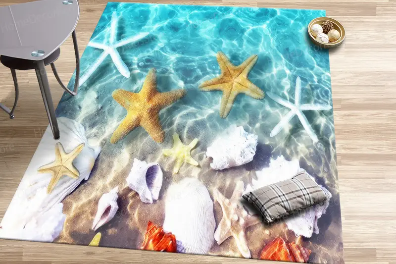 Eleganter Teppich mit tropischem Seestern-Aufdruck – Blaues Meeresdesign