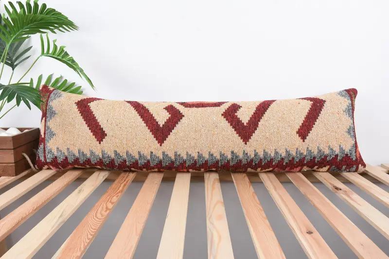 Pillow Sham, Antique Pillows, 12x43 Beige Cushion Cover, Interior Designer Pillow, Handmade Rug Seat Pillow Case, Turkish Kilim Pillow - 1