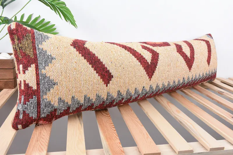Pillow Sham, Antique Pillows, 12x43 Beige Cushion Cover, Interior Designer Pillow, Handmade Rug Seat Pillow Case, Turkish Kilim Pillow - 4