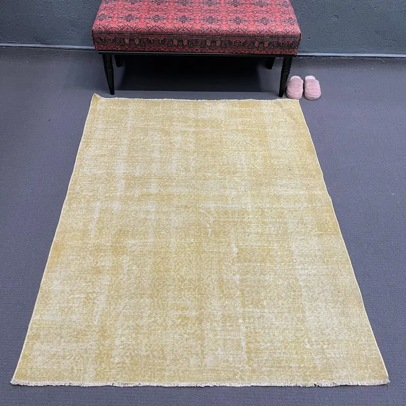 4.4x5.8 ft Rug, Vintage Oushak Rug, Turkish Yellow Wool Check Rug - 1