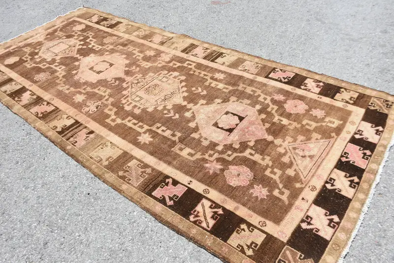 4.9x11.2 ft Vintage Türk Halısı, Büyük Halı, Oushak Kahverengi Yün Halı - 1