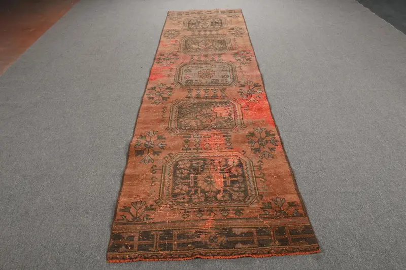 Vintage Turkish Runner Rug 3.1x11 ft, Red Brown Moroccan Wool Rug - 1