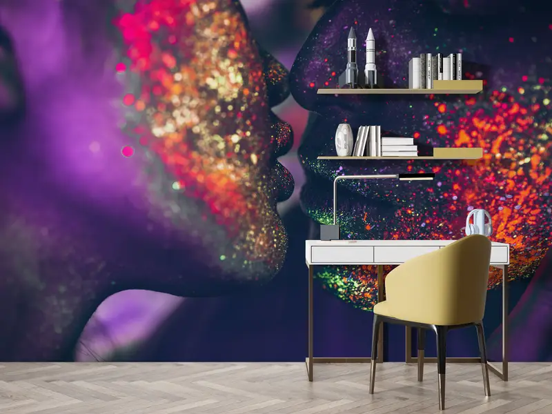 Sensual Photo Wall Mural, Sensual Wall Print, Shimmery Wall Decor, Colorful Wall Paper, Contemporary Wall Art, Kissing Couple Wall , Mature - 1