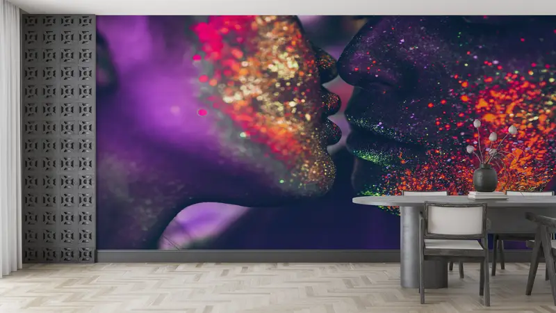 Sensual Photo Wall Mural, Sensual Wall Print, Shimmery Wall Decor, Colorful Wall Paper, Contemporary Wall Art, Kissing Couple Wall , Mature - 9