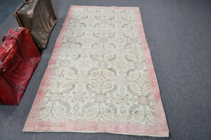 3.7x6.8 ft Oushak Vintage Rug, Pink Ikat Turkish Rug Wool - 1